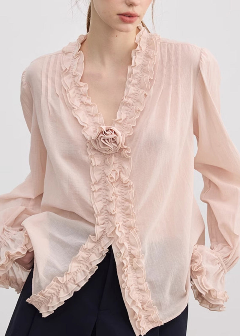 Fine Pink V Neck Ruffled Cotton Shirt Top Fall