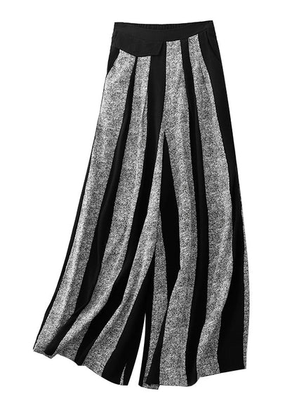 Black Striped Patchwork Cotton Wide Leg Pants Fall