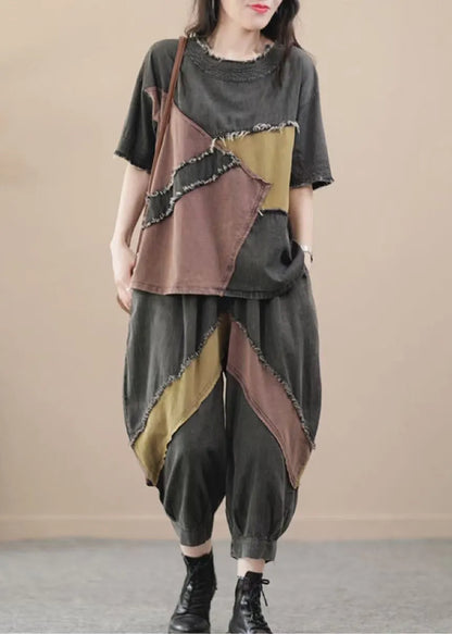 Blue O Neck Patchwork Denim 2 Piece Outfit Summer