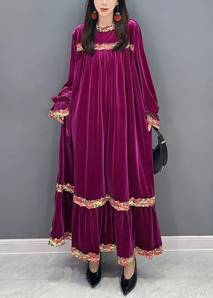 New Purple Wrinkled Patchwork Silk Velour Long Dresses Long Sleeve