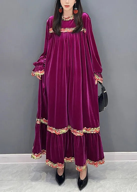 New Purple Wrinkled Patchwork Silk Velour Long Dresses Long Sleeve