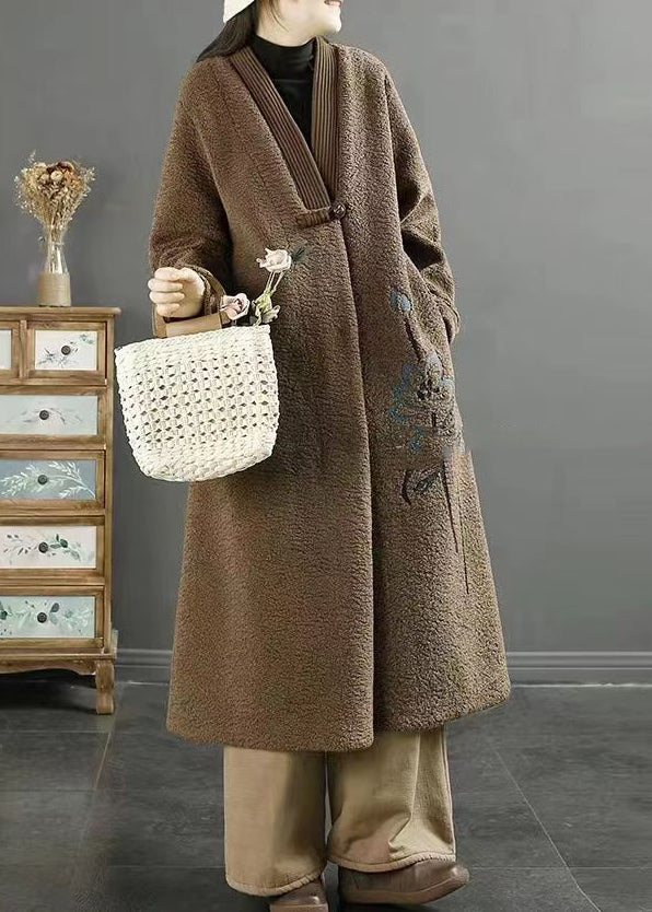 Chocolate Embroideried Chinese Button Faux Fur Coats Winter