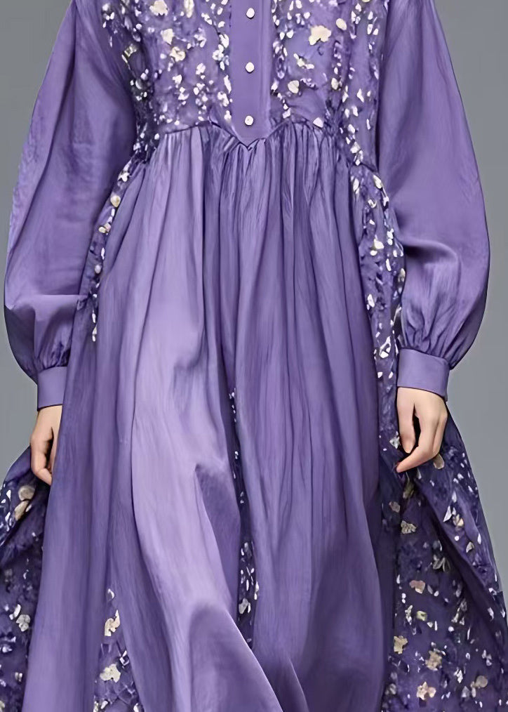 French Purple Peter Pan Collar Patchwork Long Dresses Long Sleeve Spring