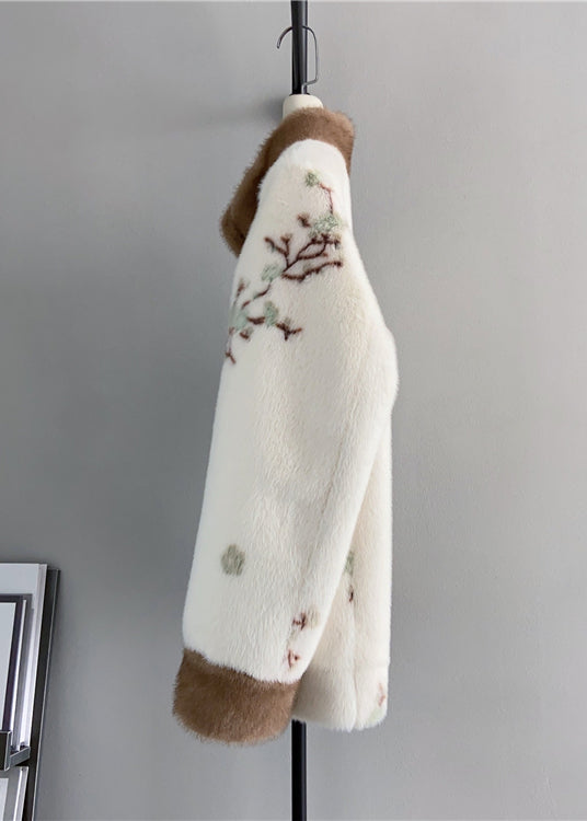 Beige Stand Collar Tasseled Embroideried Mink Cashmere Jackets Winter