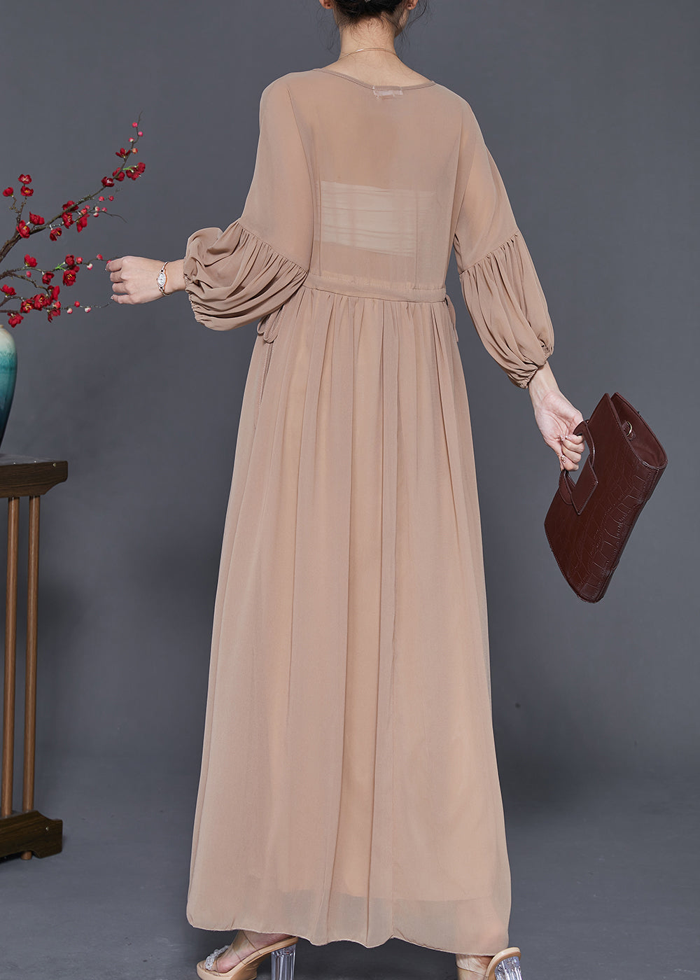 Coffee Lace Patchwork Tie Waist Chiffon Dresses Spring