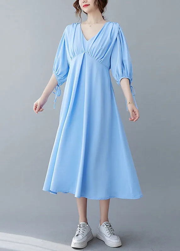 Blue V Neck Wrinkled Chiffon Long Dresses Bracelet Sleeve