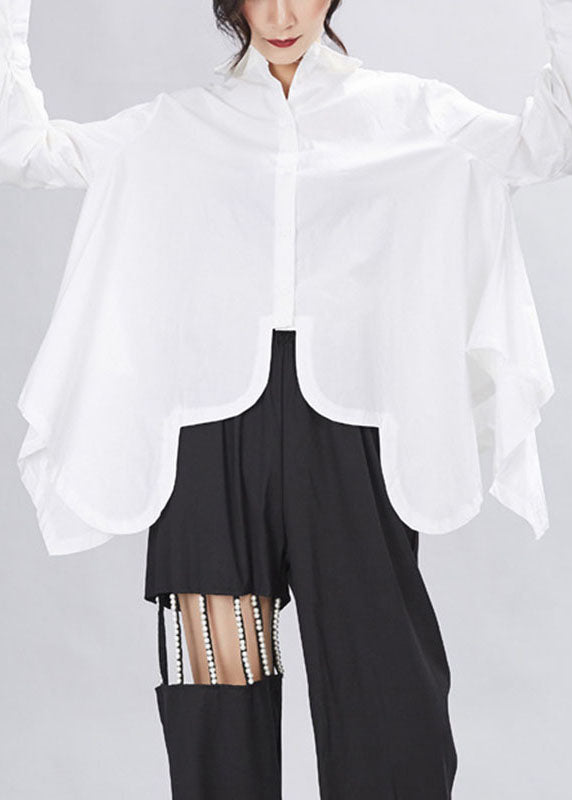 Loose White Peterpan Collar Button Asymmetrical Design Fall Shirt Top Long Sleeve