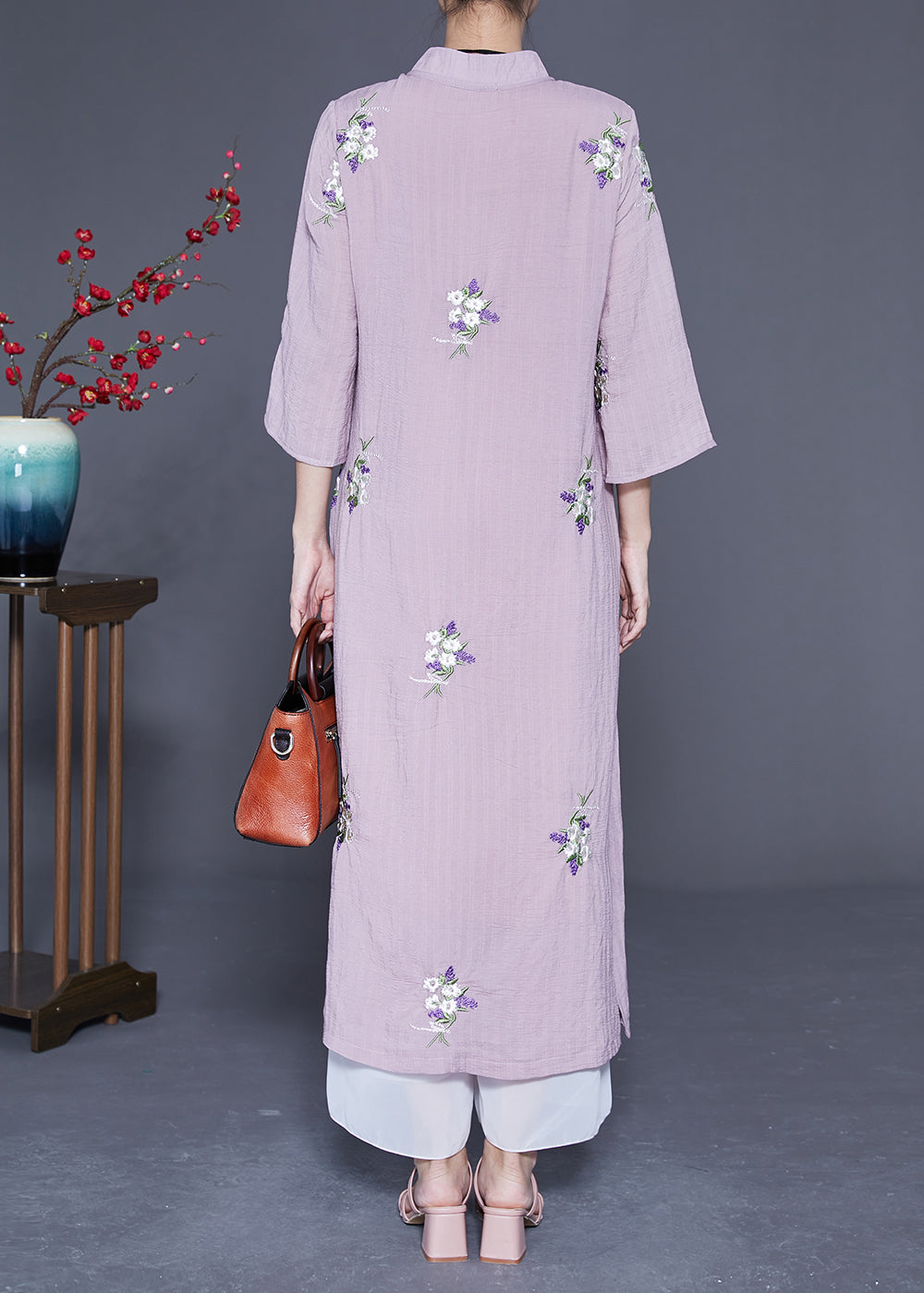 Purple Embroideried Chinese Button Linen Long Dresses Bracelet Sleeve