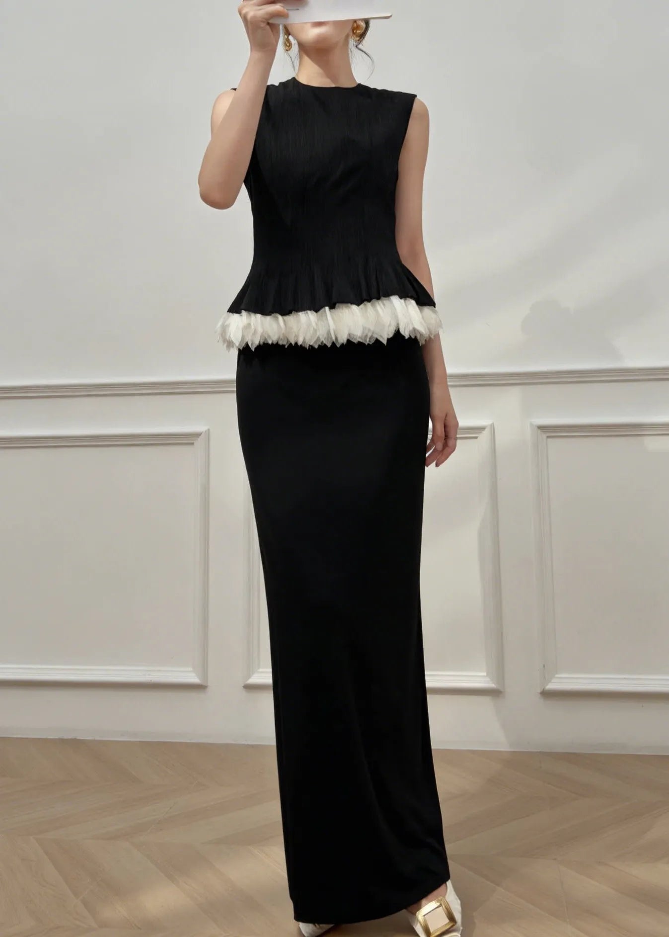 Black O-neck Patchwork Top and Maxi Skirts Two Pieces Set Summer