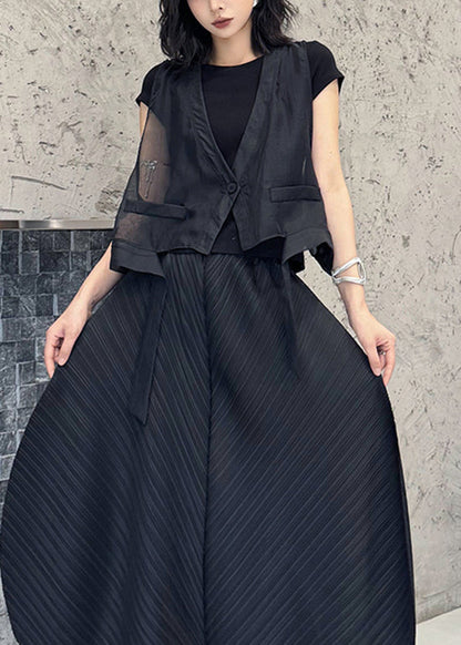 Black V Neck Asymmetrical Cotton Vest Tops Summer