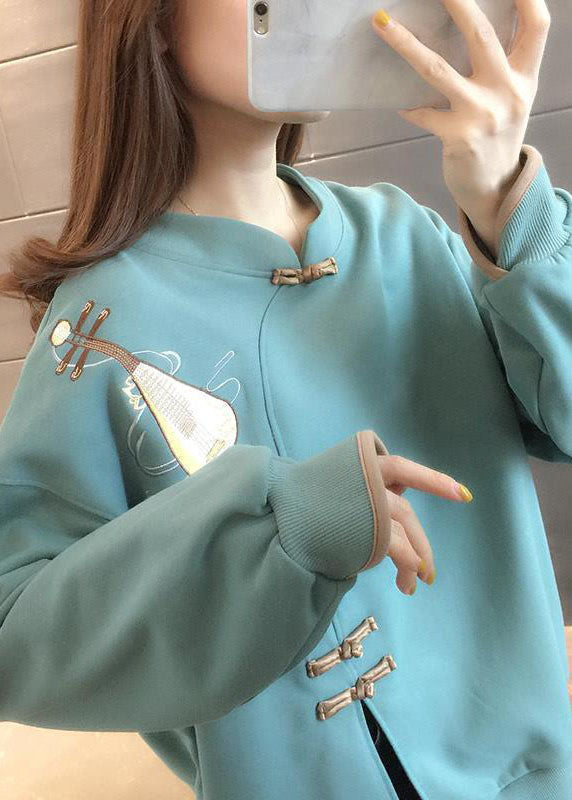 Simple Light Green Button Print Side Open Fall Pullover Street Wear