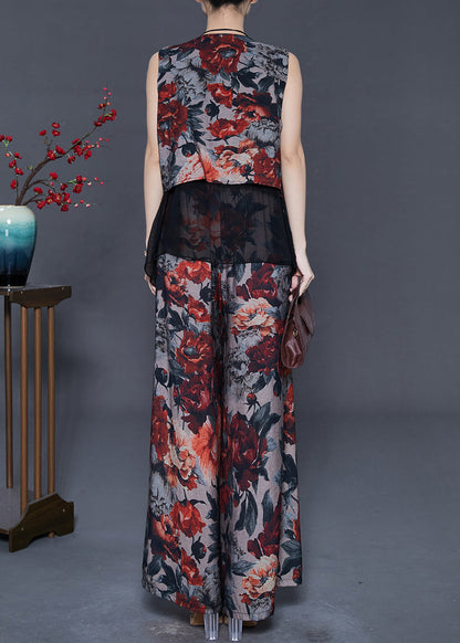 Red Print Patchwork Linen 2 Piece Outfit Summer