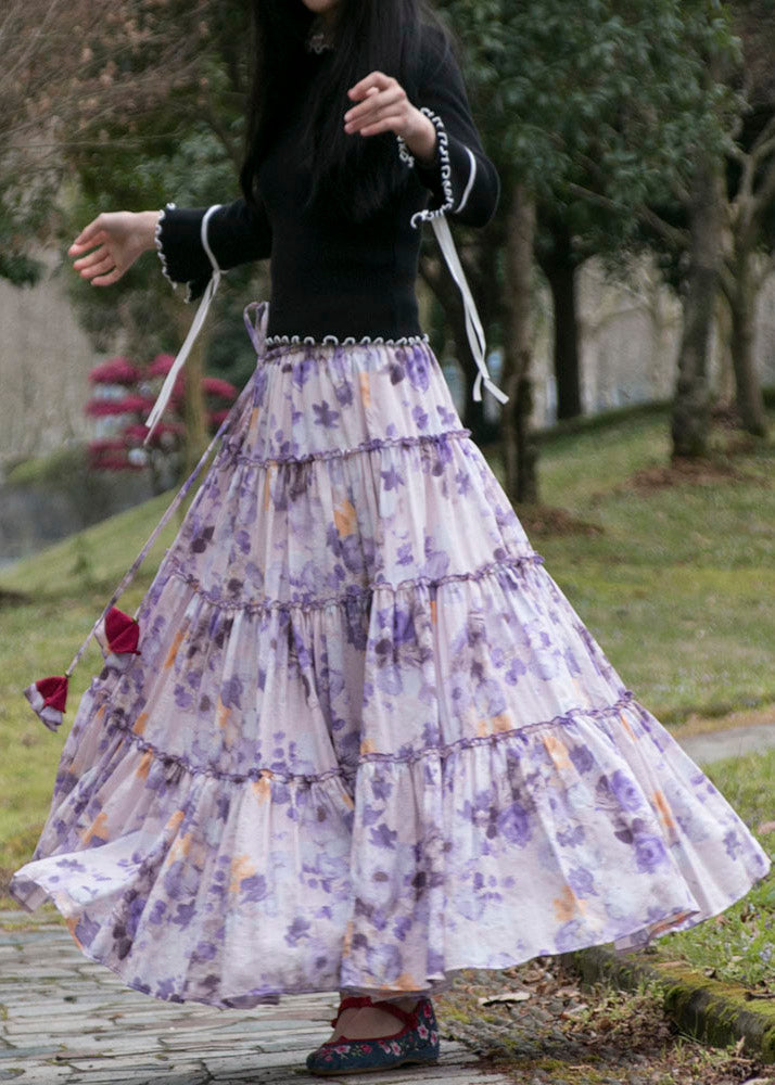 Purple Wrinkled Print Patchwork Cotton Skirts Summer