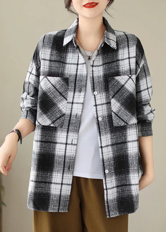 Black Pockets Plaid Cotton Shirts Coat Peter Pan Collar Fall