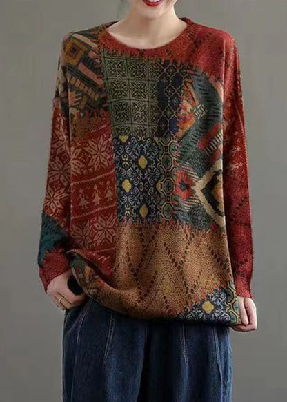 Red O Neck Print Cozy Mink Hair Knitted Sweaters Long Sleeve