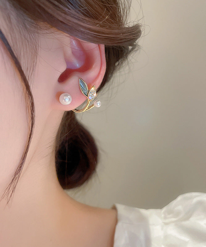 Gold Copper Overgild Zircon Pearl Leaf Hoop Earrings