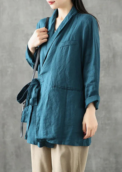 Blue Green Peter Pan Collar Tie Waist Linen Coats Long Sleeve