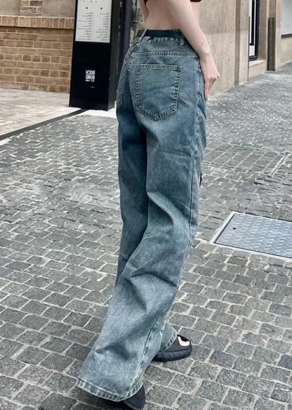 Blue Hollow Out Patchwork Tulle Denim Straight Pants Spring