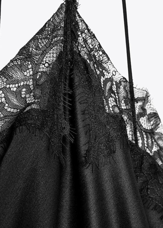 Black Asymmetrical Lace Patchwork Silk Dresses Sleeveless Summer