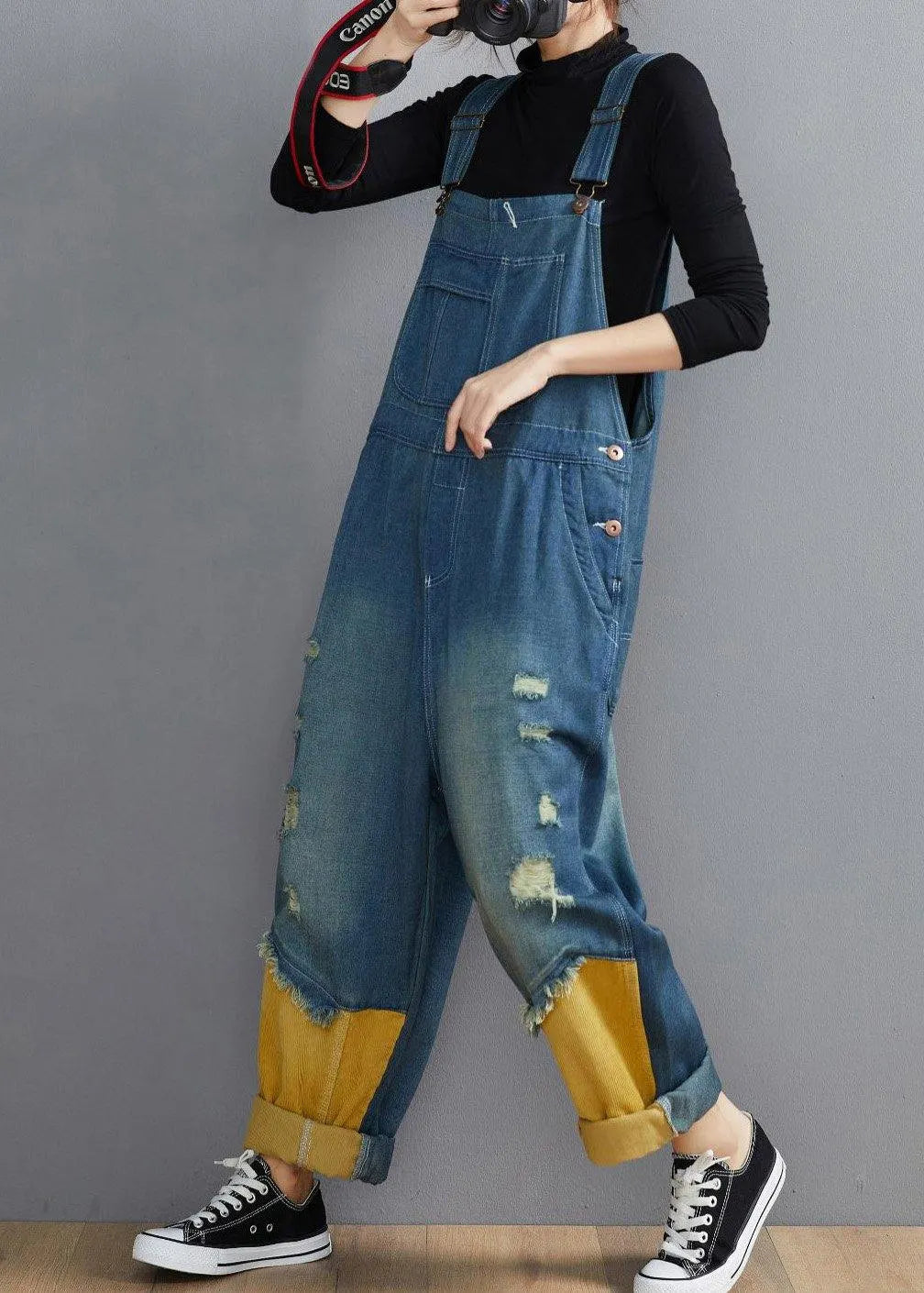 Style Denim Blue Pant Spring Hole Jumpsuit Pants