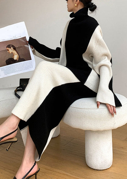 Loose Black Turtleneck Patchwork Tops and Skirts Knit Two Pieces Set Fall