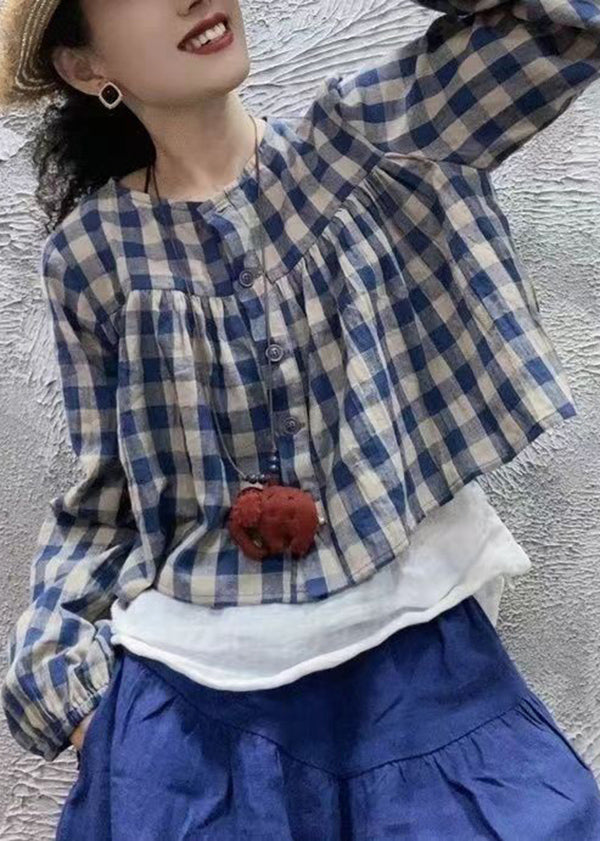 Blue O Neck Plaid Cotton Shirt Top Long Sleeve Fall