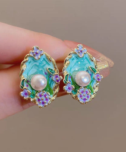 Art Blue Copper Pearl Dripping Glaze Stud Earrings