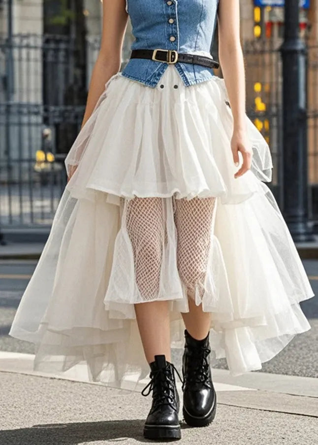 Classy White Asymmetrical Layered Tulle a Line Skirts Spring