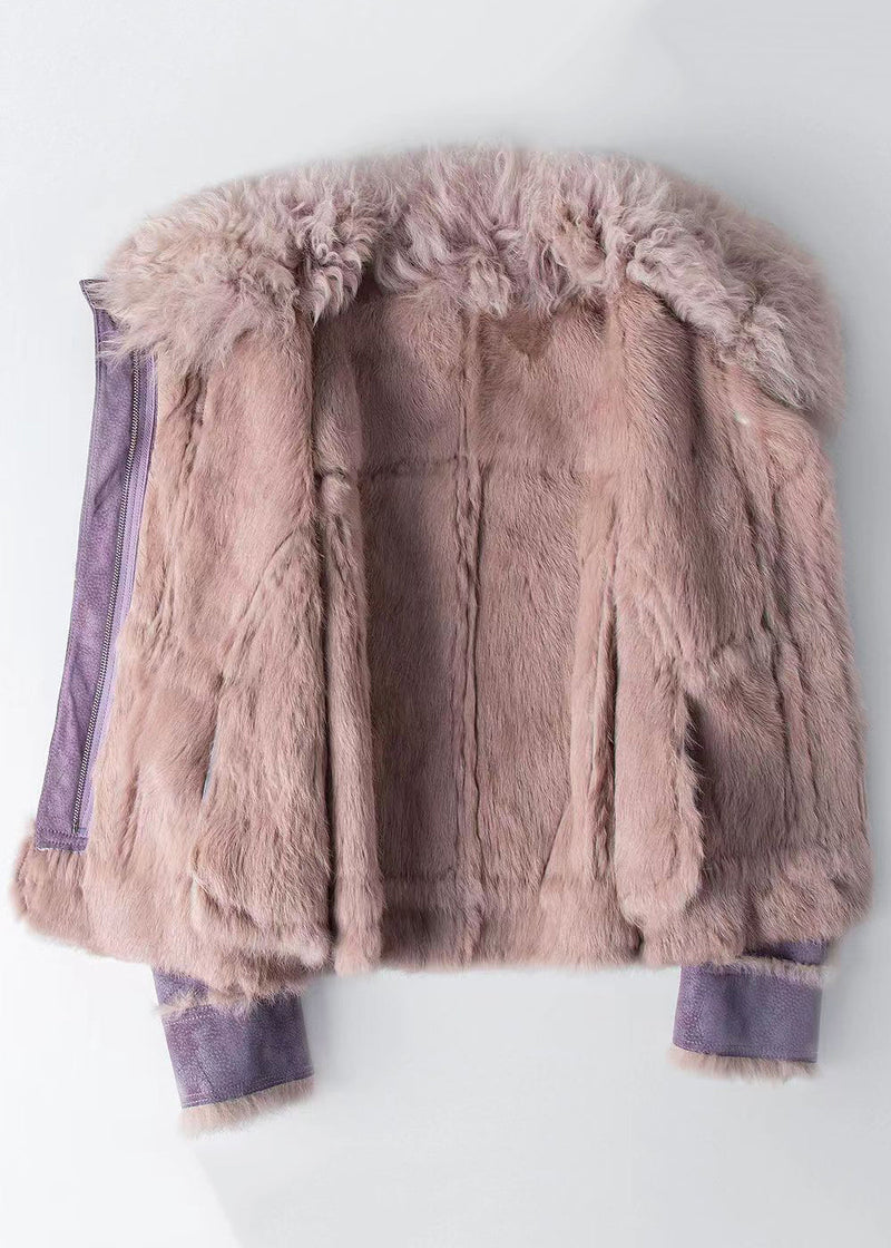 Dark Grey Zippered Patchwork Leather and Fur Coat Winter