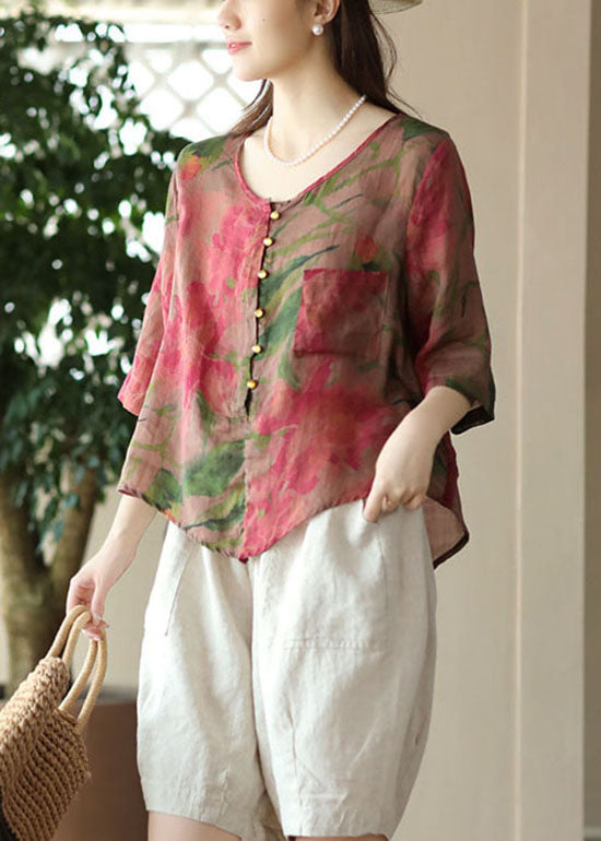 Rose O Neck Print Button Patchwork Linen Blouses Tops Summer