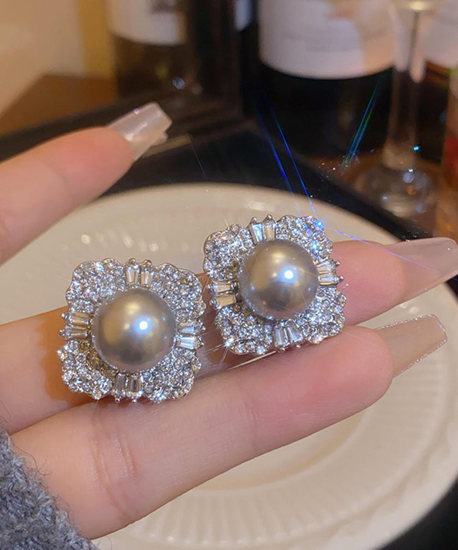 New Grey Alloy Pearl Zircon Stud Earrings