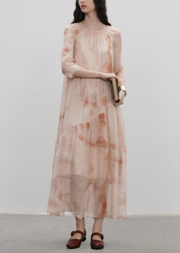 Boutique Pink O-neck Print Patchwork Silk Dresses Summer