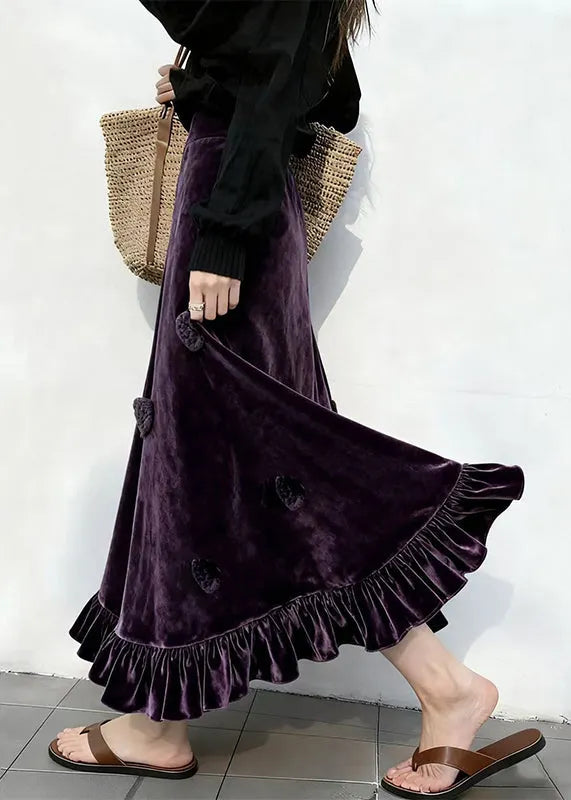 Slim Fit Purple Ruffled High Waist Silk Velvet Skirt Winter