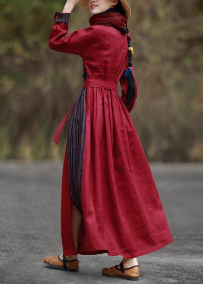 Red Pockets Tie Waist Patchwork Cotton Long Dresses Spring