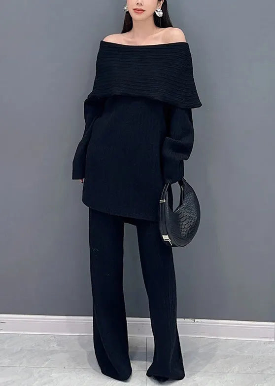 Black High Waist Knit Two Pieces Set Slash Neck Long Sleeve