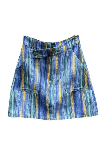 Blue Striped Asymmetrical Pockets Patchwork Denim Skirts Summer