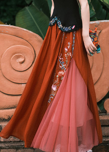 Red Embroideried Tulle a Line Skirt Summer