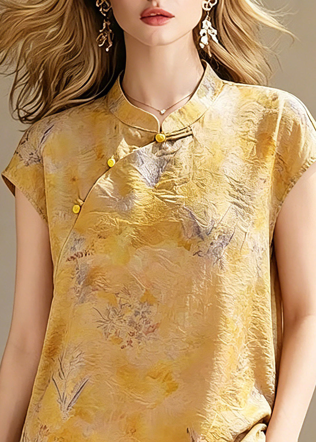 Handmade Yellow Print Button Linen Shirts Short Sleeve Summer