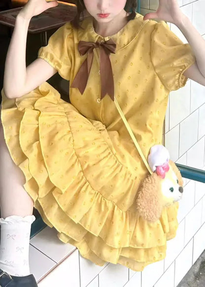 Yellow Ruffled Patchwork Cotton Mid Dresses Summer