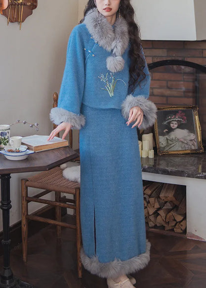 Blue Fur Collar Tops and Skirts Cotton Filled Two Pieces Set Winter