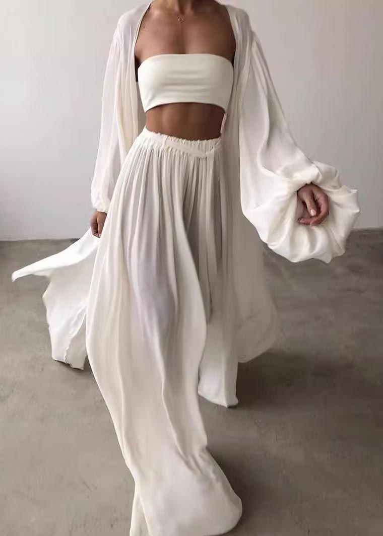 Khaki Oversized Chiffon Three Pieces Set Lantern Sleeve