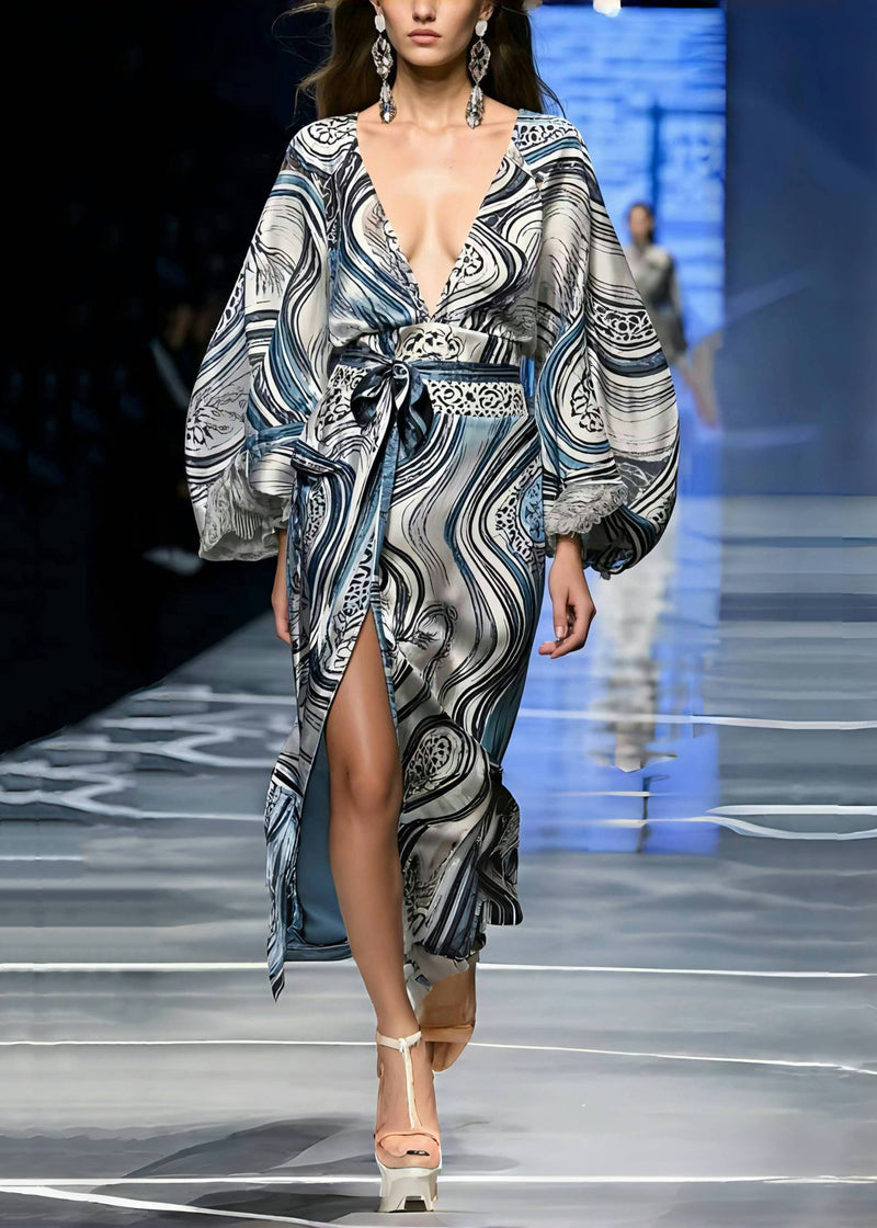 Print Side Open Silk Tunic Dress Lantern Sleeve