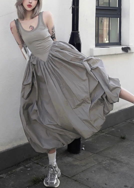 New Grey Backless Patchwork Cotton Long Dresses Sleeveless Summer