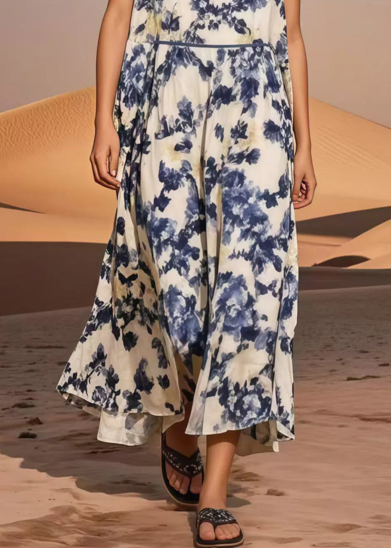 Blue Print Cotton Long Dress Cold Shoulder Summer