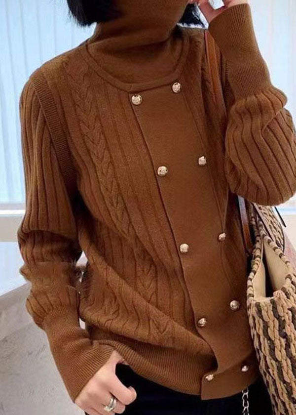 Diy Chocolate Turtle Neck Patchwork Thick Knit Knitted Tops Winter