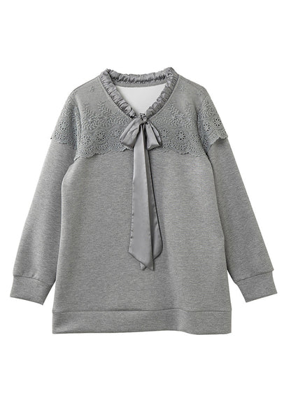 Grey Lace Up Embroidered Patchwork Cotton Tops Spring
