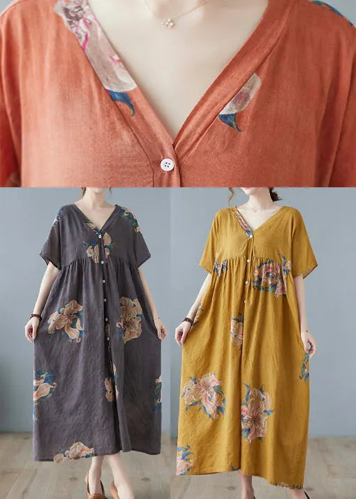 Orange V Neck Maxi Dress Short Sleeve