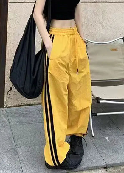 Yellow Striped Elastic Waist Cotton Pants Spring