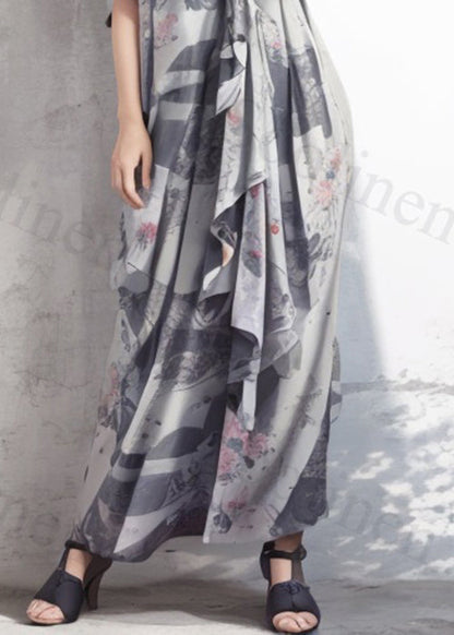 Italian Grey Asymmetrical Print Silk Shirts Dress Summer