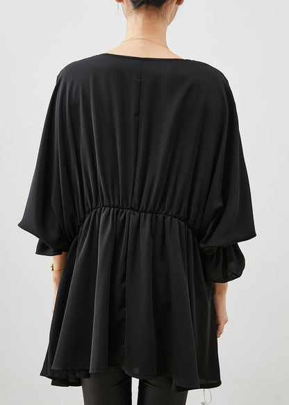 Black Tasseled Exra Large Hem Chiffon Shirt Top Spring